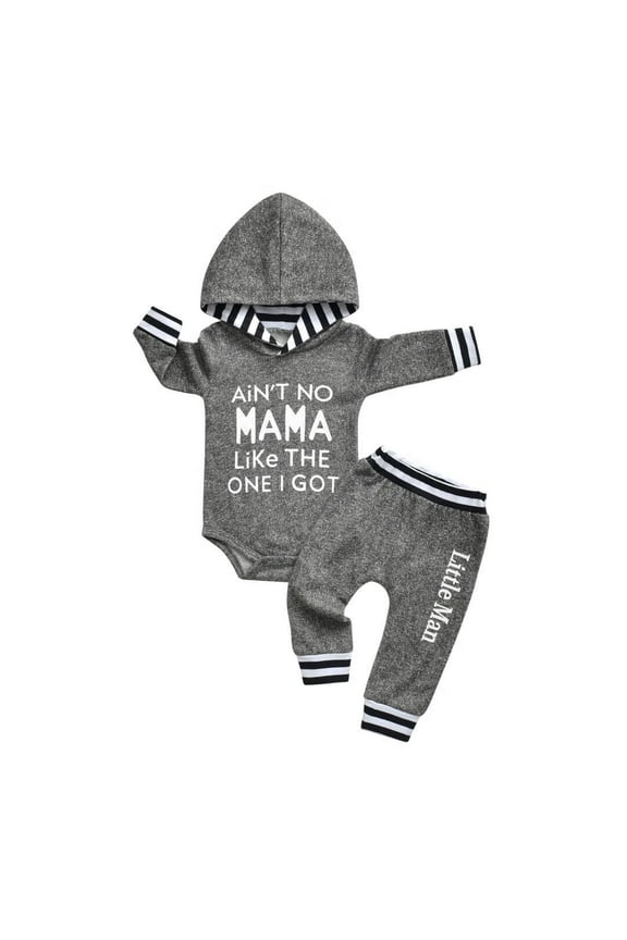 Newborn Infant Baby boy Clothes Long Sleeve Letter Romper Hooded Pants Outfits Set Gray 3-6 Months