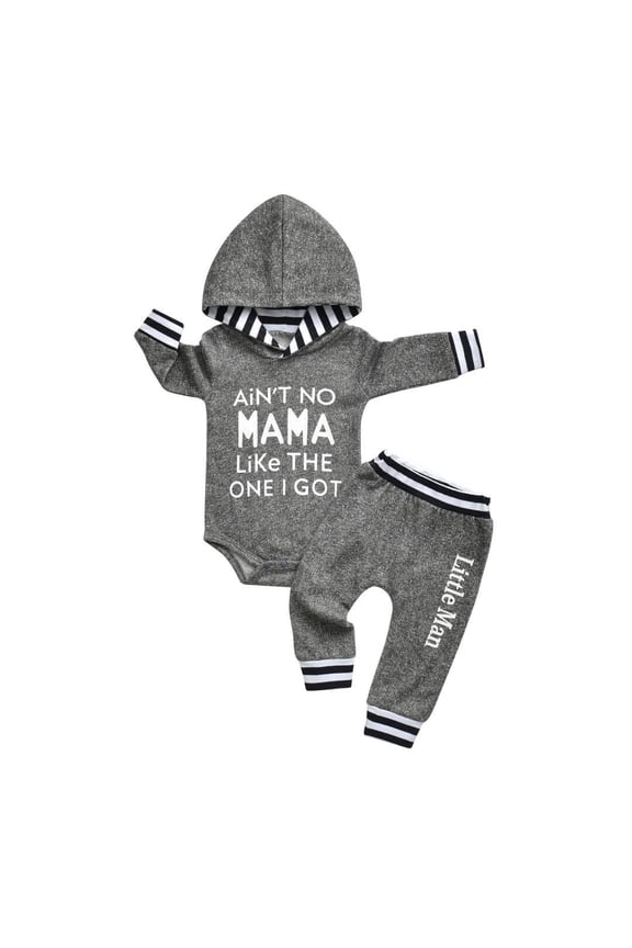 Newborn Infant Baby boy Clothes Long Sleeve Letter Romper Hooded Pants Outfits Set Gray 6-9 Months