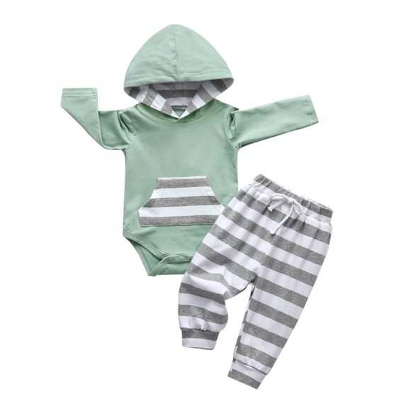 Newborn Infant Baby boy Clothes Long Sleeve Stripe Romper Hooded Pants Outfits Set Green 9-12 Months