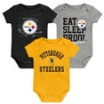 thumbnail image 1 of Newborn & Infant Black/Gold/Heather Gray Pittsburgh Steelers Three-Pack Eat, Sleep & Drool Retro Bodysuit Set, 1 of 4