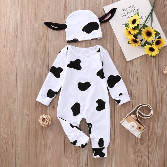 Newborn Infant Boys Girls Clothes Set Halloween Romper Costumes Cow Pattern Jumpsuit and Hat 2PCS Outfits