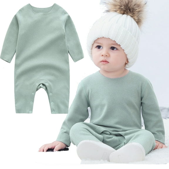 Newborn Infant Cotton Jumpsuit Soft Comfort Long Sleeve Button Romper Crewneck Dralon Inner Thermal Baby Clothing, Green, 3 Months