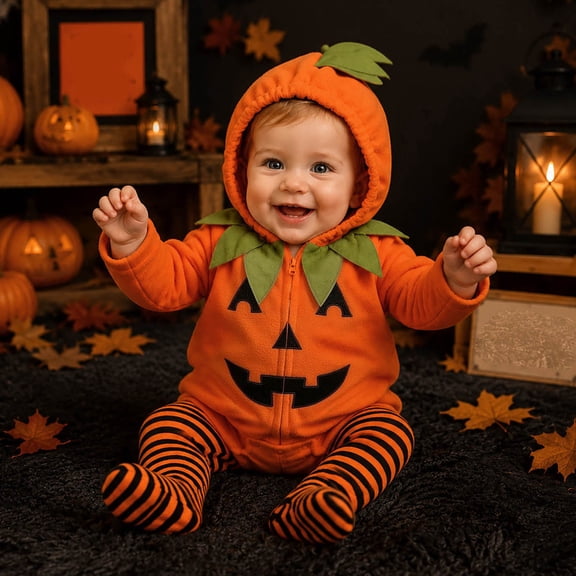 Newborn Infant Cute Jack-O-Lantern Costume Halloween Bodysuit and Striped Leggings Set Fall Holiday Fancy Dress Up Outfit for Boys Girls Party Festival