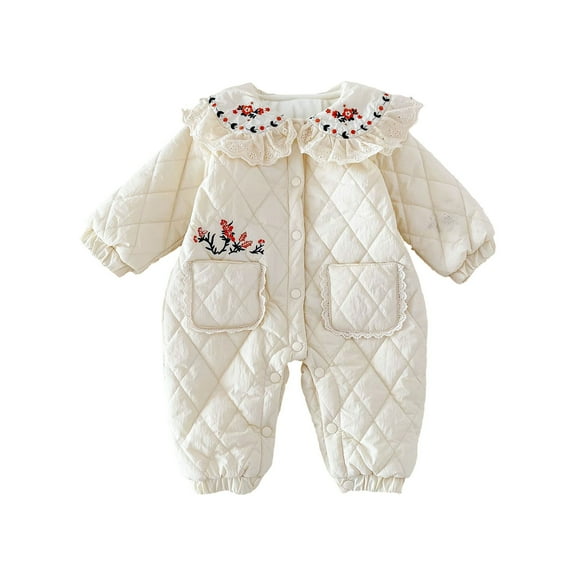 Newborn Infant Girl Boy Cute Long Sleeved Crew Neck Down Cotton Romper Jumpsuits Soft Warm Buttons Down Sweatshirts Onesie Playsuit Outfit