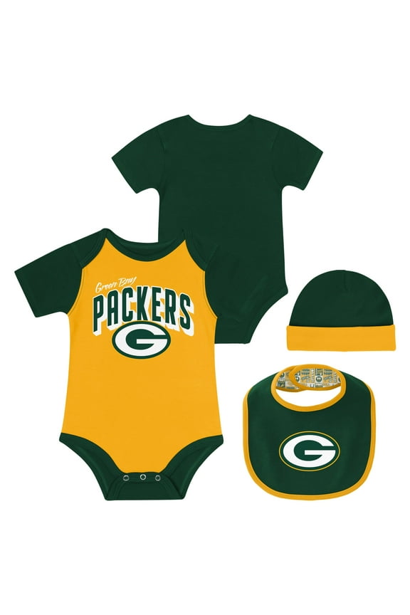 Newborn & Infant Green Bay Packers Dynamic Duo Bodysuit, Bib & Knit Hat Set