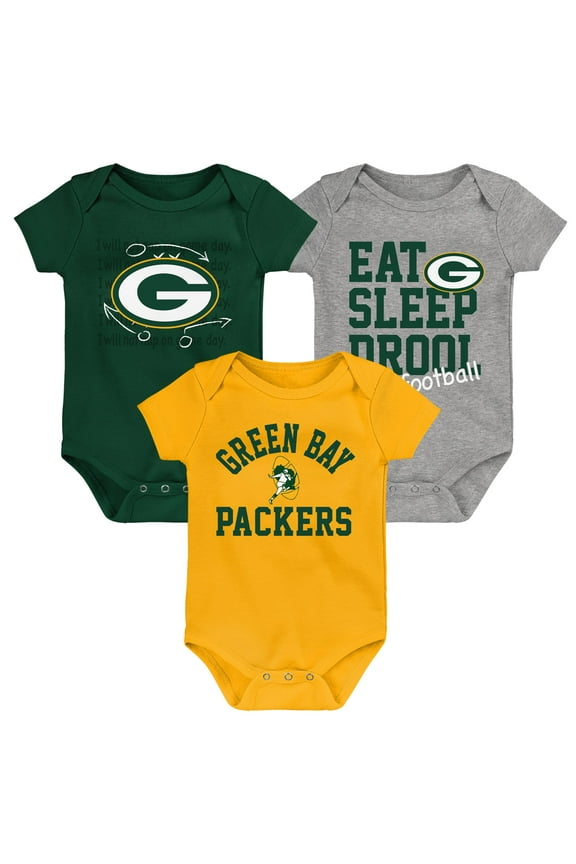 Newborn & Infant Green/Gold/Heather Gray Green Bay Packers Three-Pack Eat, Sleep & Drool Retro Bodysuit Set