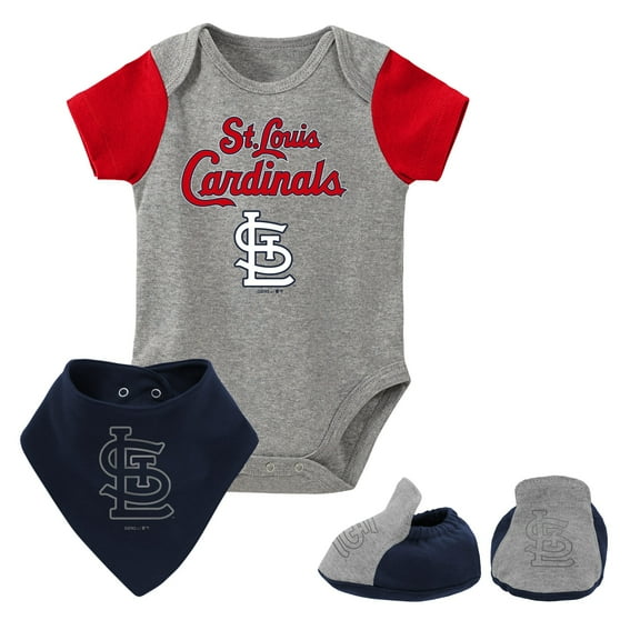 Newborn & Infant Heathered Gray St. Louis Cardinals Three-Piece Bodysuit Bib & Bootie Set