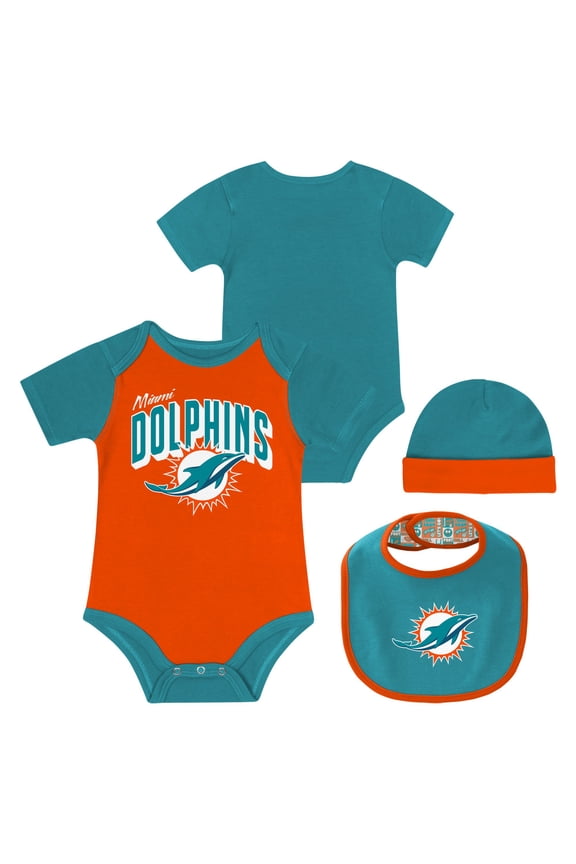Newborn & Infant Miami Dolphins Dynamic Duo Bodysuit, Bib & Knit Hat Set