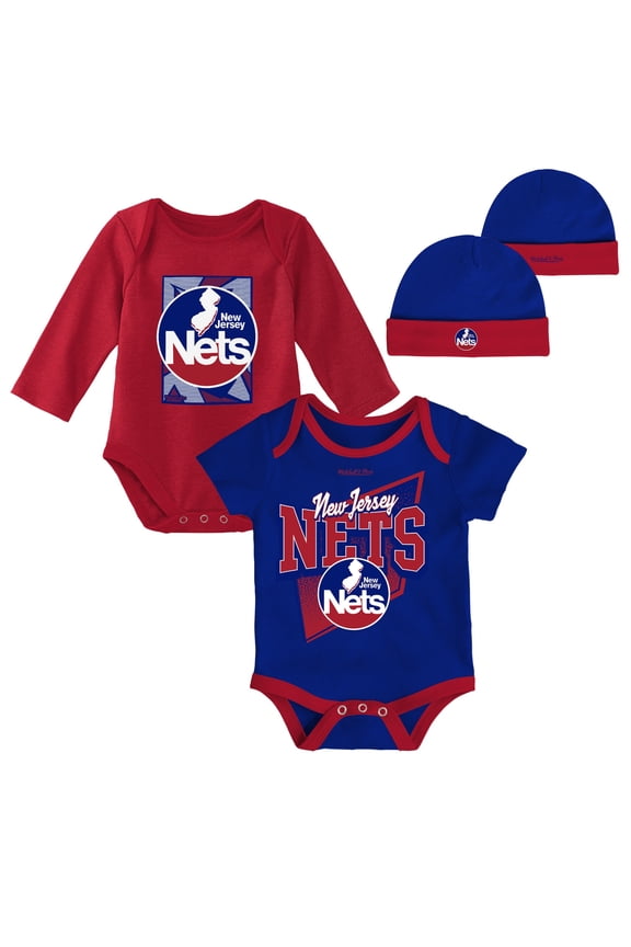 Newborn & Infant Mitchell & Ness Blue/Red New Jersey Nets 3-Piece Hardwood Classics Bodysuits & Cuffed Knit Hat Set