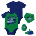 thumbnail image 1 of Newborn & Infant Mitchell & Ness Green/Royal Seattle Seahawks Throwback Big Score Bodysuit, Bib & Bootie Set, 1 of 5