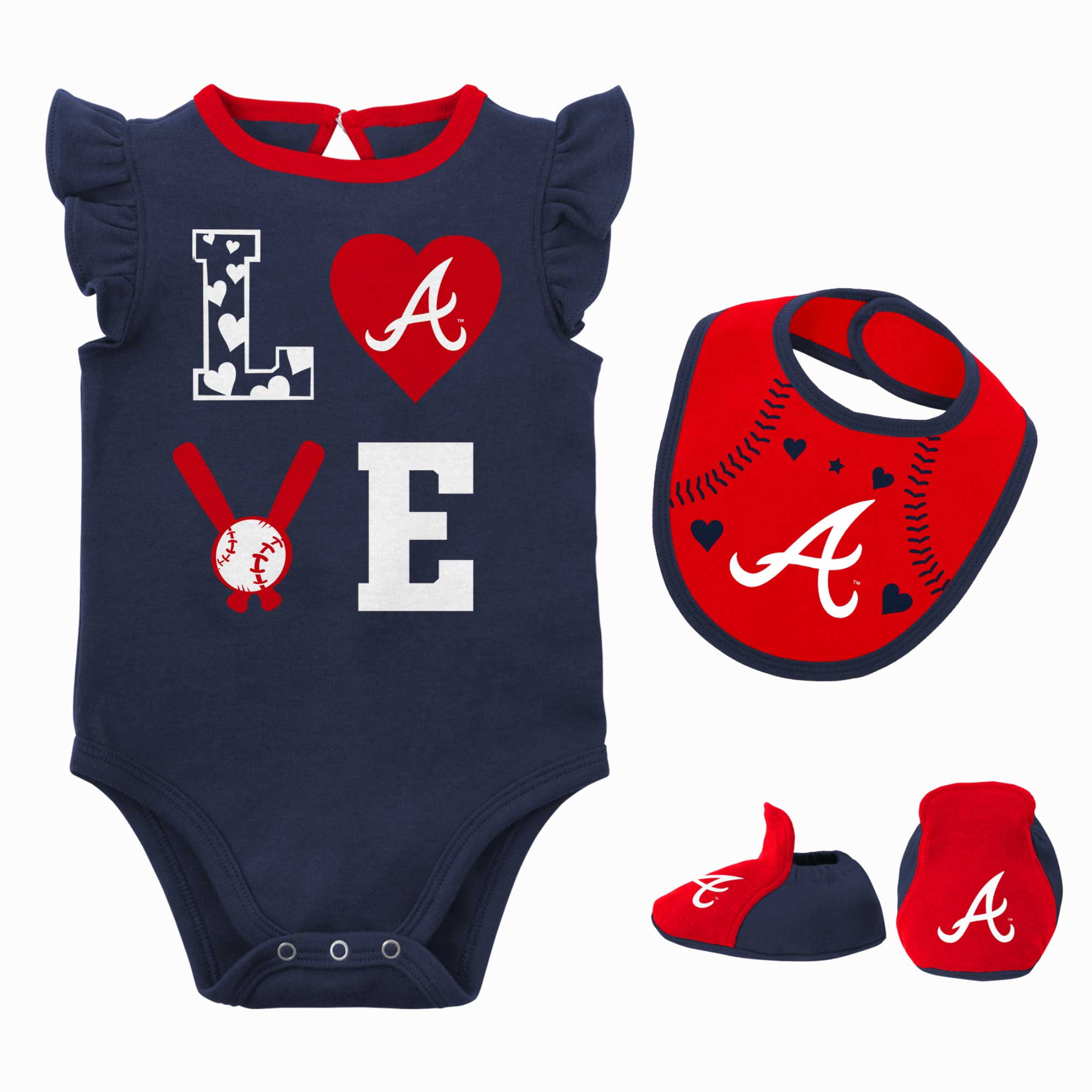 Newborn & Infant Navy/Red Atlanta Braves Three-Piece Love of Baseball Bib Bodysuit & Booties Set 