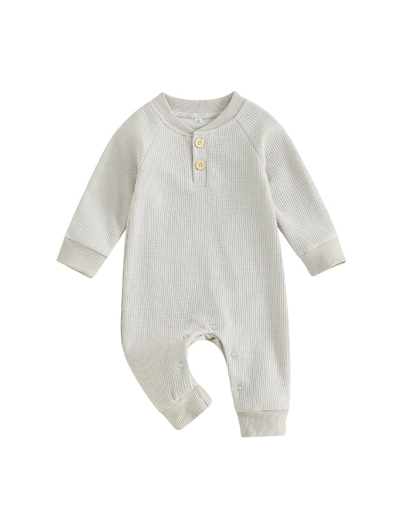 Newborn Infant Neutral Baby Boy Girl Clothes 0 3 6 9 12 Months Button Waffle Jumpsuit Romper Basic One Piece Going Home Outfits