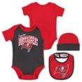 thumbnail image 1 of Newborn & Infant Tampa Bay Buccaneers Dynamic Duo Bodysuit, Bib & Knit Hat Set, 1 of 5