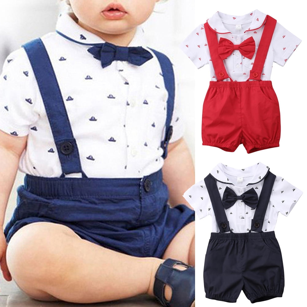 Newborn Infant Toddler Baby Boy Wedding Formal Suit Bowtie Gentleman Romper Suspender Pants 2pcs Outfit Set 0 24M