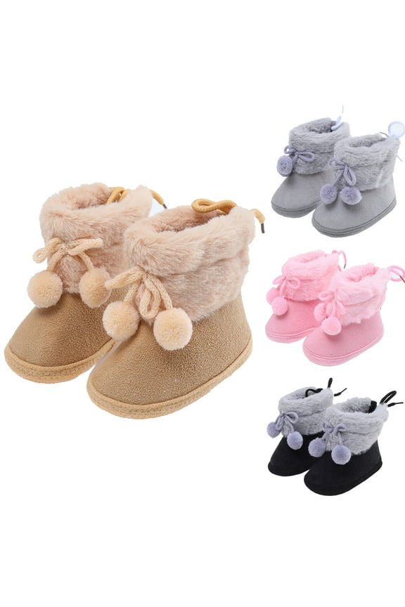Newborn Infant Toddler Baby Girl Pom-Poms Fleece Snow Boots Winter Warm Soft Sole Crib Shoes Booties