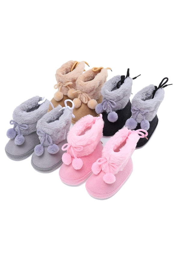 Newborn Infant Toddler Baby Girl Pom-Poms Fleece Snow Boots Winter Warm Soft Sole Crib Shoes Booties