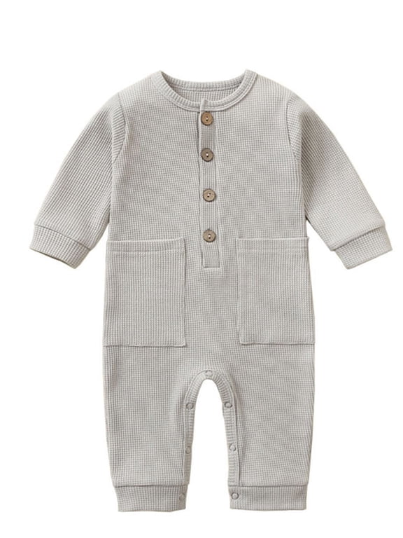 Newborn Infant Unisex Baby Boy Girl Waffle Knit Button Solid Romper Bodysuit One Piece Jumpsuit Outfits