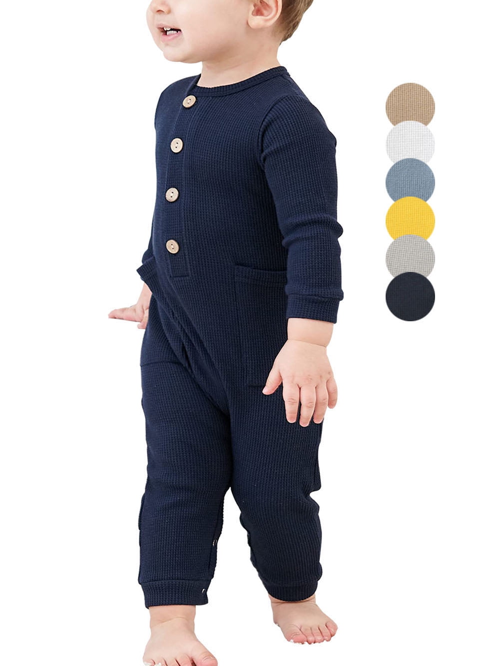 Newborn Infant Unisex Baby Boy Girl Waffle Knit Button Solid Romper Bodysuit One Piece Jumpsuit