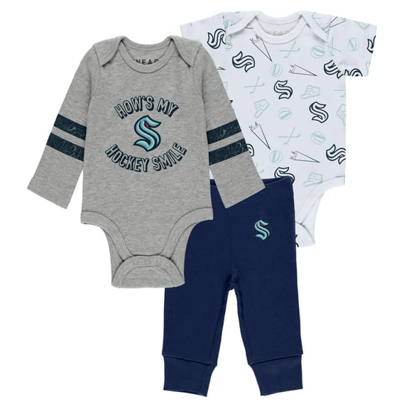 Newborn & Infant WEAR by Erin Andrews Gray/White/Navy Seattle Kraken Three-Piece Turn Me Around Bodysuit & Pants Set