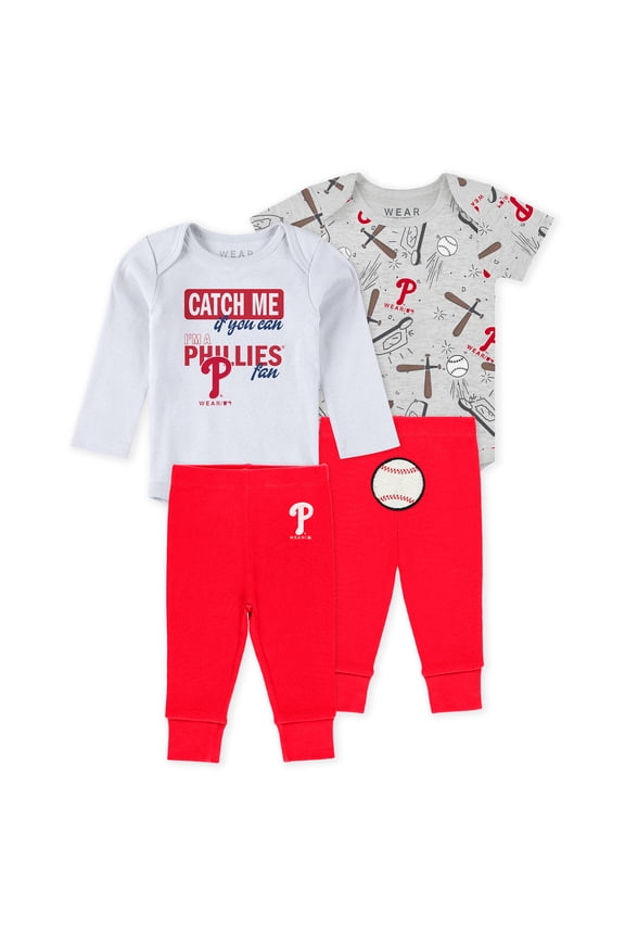 Newborn & Infant WEAR by Erin Andrews Heather Gray/White/Red Philadelphia Phillies Three-Piece Turn Me Around Bodysuits