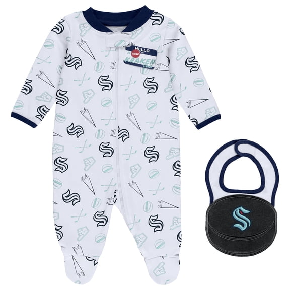 Newborn & Infant WEAR by Erin Andrews White Seattle Kraken Sleep & Play Full-Zip Footed Jumper with Bib