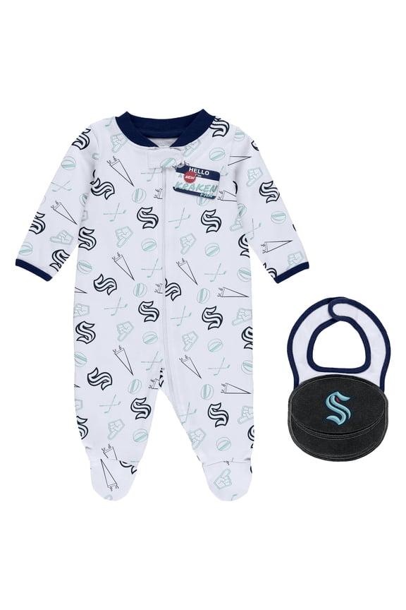 Newborn & Infant WEAR by Erin Andrews White Seattle Kraken Sleep & Play Full-Zip Footed Jumper with Bib