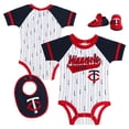 thumbnail image 1 of Newborn & Infant White Minnesota Twins Base Hitter Bodysuit, Bib & Bootie Set, 1 of 5