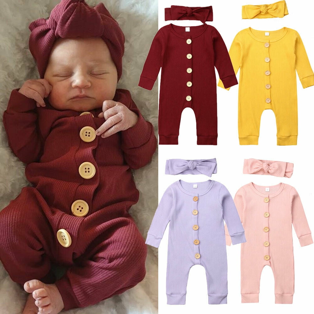 2pcs Baby Boy/Girl Solid Long-sleeve Jumpsuit One-piece Coverall Set