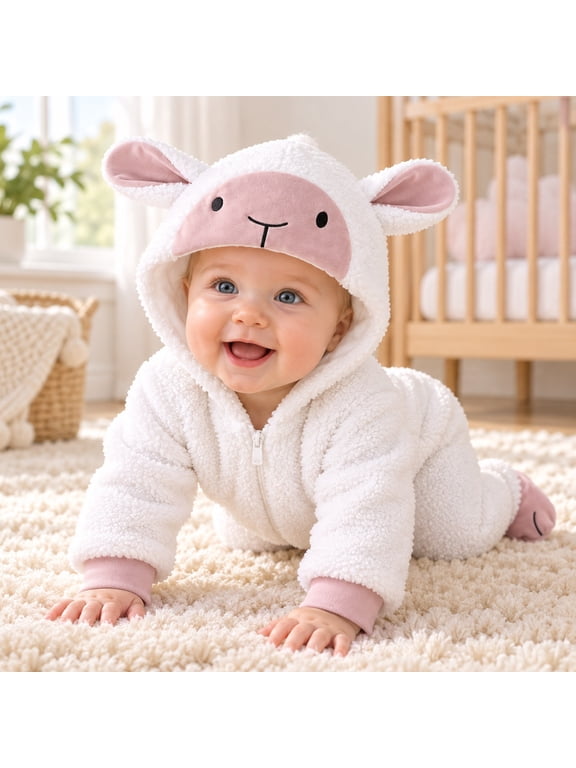 Newborn Lamb One Piece Fleece Hooded Zip up Infant Sheep Romper Outfit for Winter Daily Wear