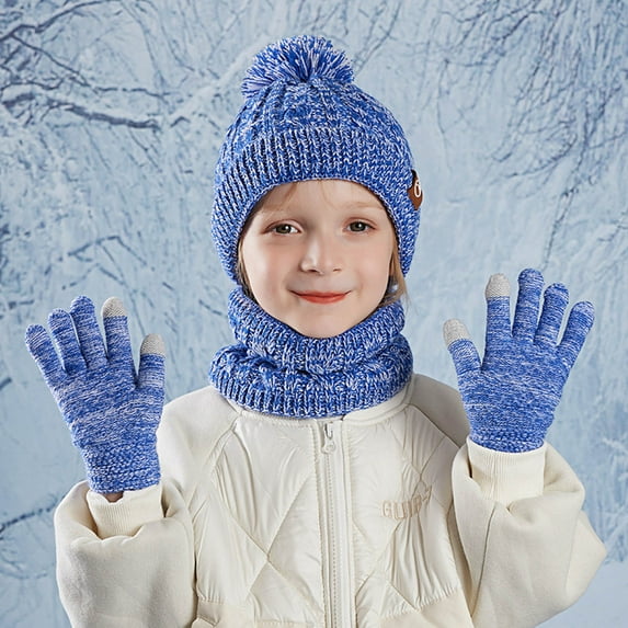 Newborn Mittens and Hats Kids Winter Hat Scarf Gloves Set, Toddler Fleece Lined Gloves Warm Knitted Scarf Winter Beanie with Pom for Boys Girls