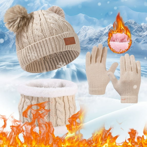 Newborn Mittens and Hats Kids Winter Hat Scarf Gloves Set, Warm Knit Beanie Cap Mitten Gloves Neck Scarves for 5-12 Years Old