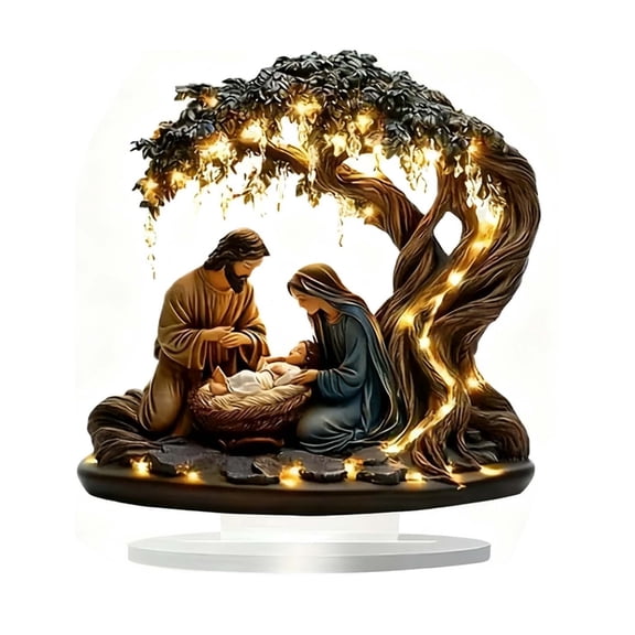 Newborn Nativity Scene Acrylic Tabletop Decoration, 2D Life Tree of Jesus Flat Figurine, Durable Acrylic Christmas Ornament for Desk, Shelf, or Mantel Holiday Home Decor