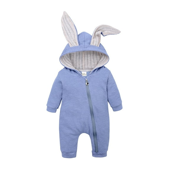 Newborn Onesies Animal Bunny Easter Romper Long Ear Rabbit Hoodie Jumpsuit With Zipper Baby Girl Romper Blue 6 Months-9 Months