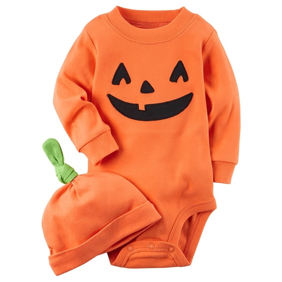 Newborn Onesies Boy Infant Halloween Pumpkin Romper Jumpsuit Warm Footed with Hat Set Rompers for Girls