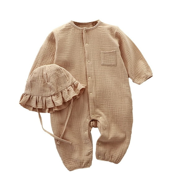 Onesies Boy Long Sleeve Button Down Shirt Romper Romper With Hat Baby Onsies Khaki 6 Months-12 Months