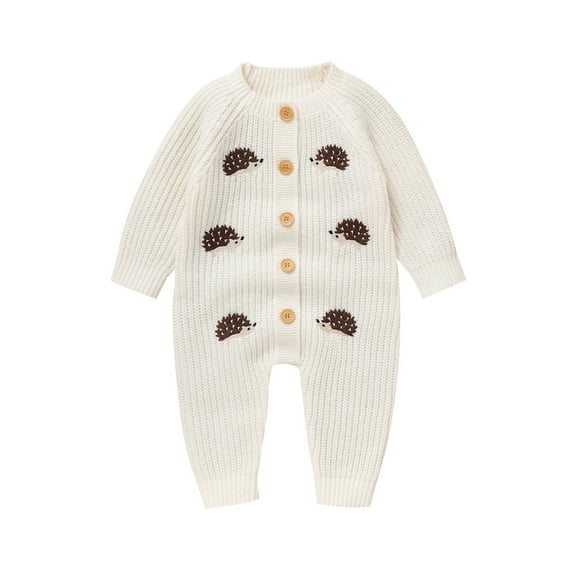 Onesies Boy Animals Knit Romper Sweater Long Sleeve Button Down Jumpsuit Baby Onsies Beige 0 Months-3 Months