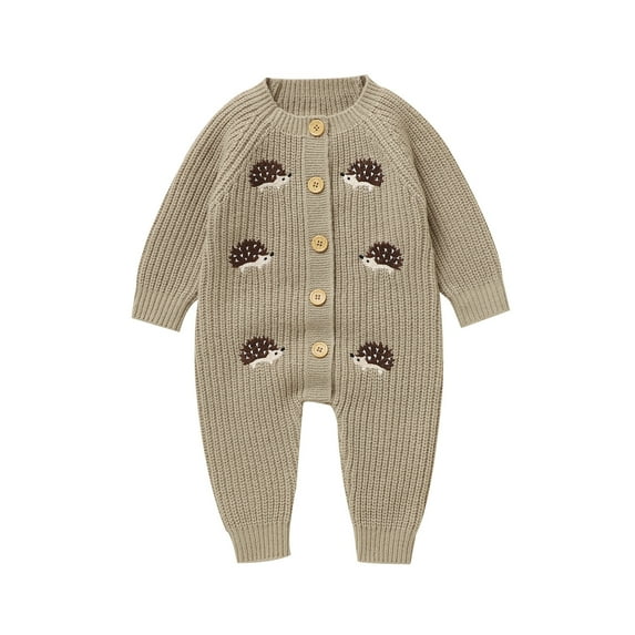 Onesies Boy Animals Knit Romper Sweater Long Sleeve Button Down Jumpsuit Onesies Khaki 3 Months-6 Months