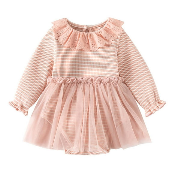 Newborn Onesies Dresses 0-3 Months Girls Ruffle Hem Tulle Striped Sweater Dress Long Sleeve Fall Casual Cute Baby Outfits Pink 6 Months