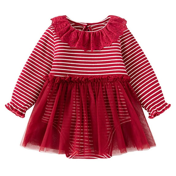 Newborn Onesies Dresses 0-3 Months Girls Ruffle Hem Tulle Striped Sweater Dress Long Sleeve Fall Casual Cute Baby Outfits Red 6 Months