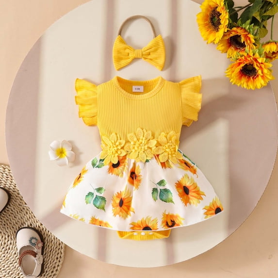 Newborn Onesies Girl Girls Sleeveless Ribbed Floral Applique Summer Romper Baby Boy Romper Yellow 3-6 Months