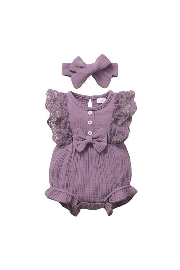 Newborn Onesies Girl Lace Romper Sleeveless Ruffle Bow Bodysuit With Headband Cotton Clothes Baby Girl Romper Purple 12 Months-18 Months