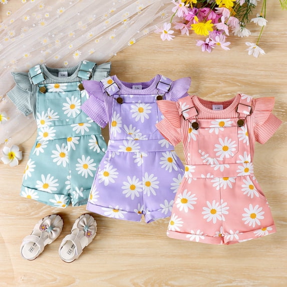 Newborn Onesies Girl Sets Newborn Baby Girl Clothes Summer Outfit Short Sleeve Ribbed Romper Floral Suspender Overalls Shorts Set