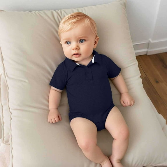 Newborn Onesies Infant Boys Short Sleeve Polo Collar Romper Gentleman Bodysuit Baby Bodysuit Dark Blue 0-3 Months