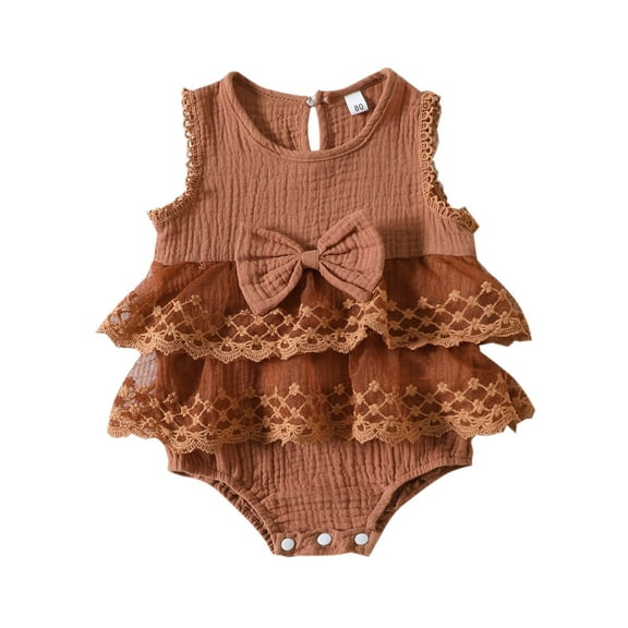 Onesies Girls Sleeveless Ruffles Pullover Bowknot Lace Bodysuits Clothes Baby Onsies Brown 0 Months-3 Months