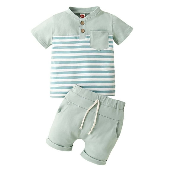 Outfit Boy Summer Baby Toddler Boys Stripe Print Breathable Lightweight Round Neck Short Sleeved T Shirt Shorts Two Piece Set Baby Outfits Green 18 Months-24 Months