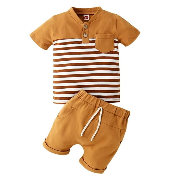 Outfit Boy Summer Baby Toddler Boys Stripe Print Breathable Lightweight Round Neck Short Sleeved T Shirt Shorts Two Piece Set Boys Outfits Brown 2 Years-3 Years