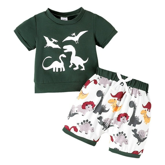 Outfit Boy Summer Kids Toddler Boys Casual Outfit Colorful Dinosaur Print Short Sleeve T Shirt and Shorts Hawiian Style Suit Boys Outfits Army Green 6 Months-9 Months