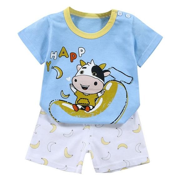 Outfit Boy Summer Kids Toddler Boys and Girls Cartoon Print Short Sleeved T Shirt with Shorts Two Piece Set Boys Shorts Beige 18 Months-24 Months