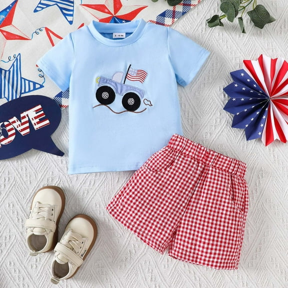 Outfit Boy Toddler Boys Girls Short Sleeve Independence Day 4Th of July Embroider T Shirt Tops + Plaid Shorts Outfits Baby Outfits Blue 3 Months-6 Months