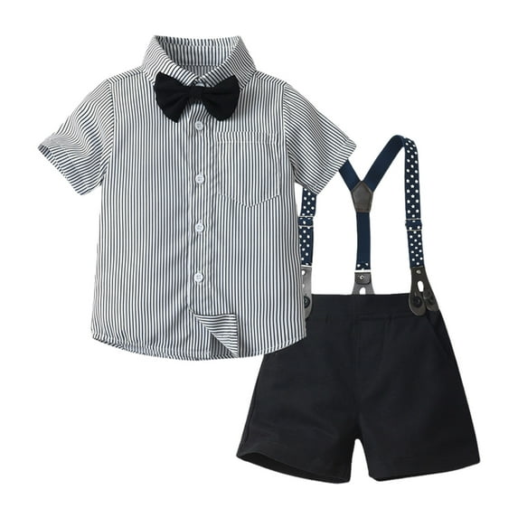 Outfit Boy Toddler Boys Short Sleeve Prints T Shirt Tops Suspenders Shorts Child Kids Gentleman Outfits Toddler Outfits for Boys Grey 18 Months-24 Months
